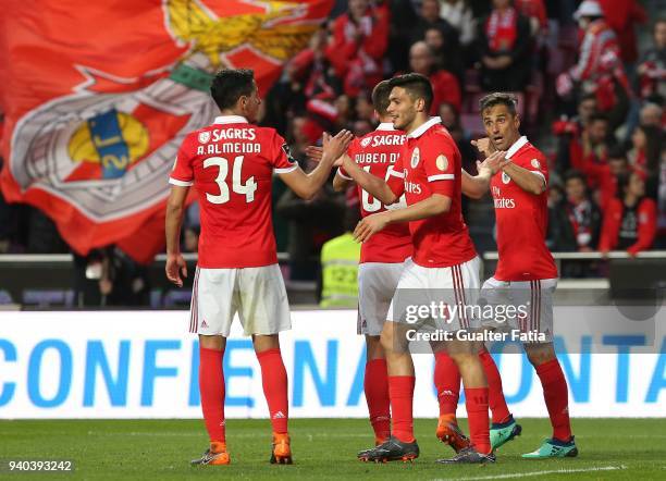 Benfica forward Jonas from Brazil celebrates with teammates after scoring a goal during the Primeira Liga match between SL Benfica and Vitoria...