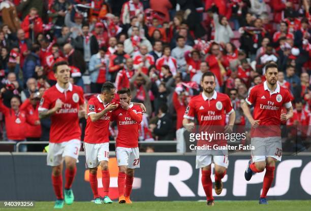 Benfica forward Jonas from Brazil celebrates with teammate SL Benfica forward Rafa Silva from Portugal after scoring a goal during the Primeira Liga...