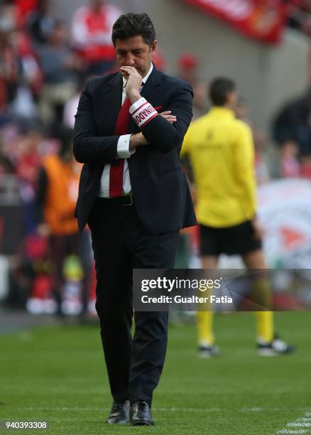 Benfica coach Rui Vitoria from Portugal in action during the Primeira Liga match between SL Benfica and Vitoria Guimaraes at Estadio da Luz on March...