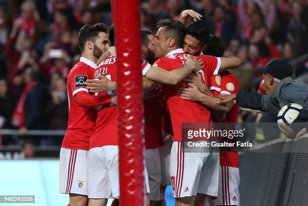 Benfica forward Jonas from Brazil celebrates with teammates after scoring a goal during the Primeira Liga match between SL Benfica and Vitoria...