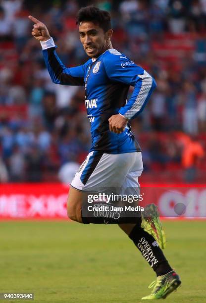 Edson Puch of Queretaro celebrates after scoring his team´s second goal during the 13th round match between Queretaro and Puebla as part of the...