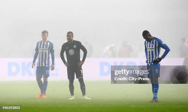 Maximilian Mittelstaedt of Hertha BSC, Daniel Didavi of VfL Wolfsburg and Salomon Kalou of Hertha BSC during the Bundesliga game between Hertha BSC...