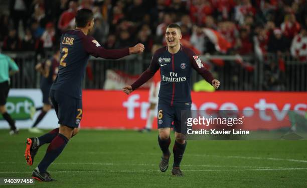Thiago Silva and Marco Verratti of Paris celebrate the goal of Angel Di Maria Saint-Germain celebrate his goal during the League Cup Final match...