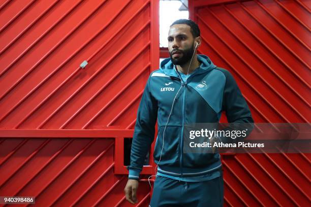 Kyle Bartley of Swansea City arrives at Old Trafford prior to the Premier League match between Manchester United and Swansea City at the Old Trafford...