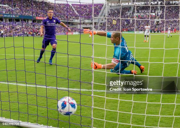 Orlando City midfielder Will Johnson scores a goal during the MLS soccer match between the Orlando City FC and the NY Red Bulls at Orlando City SC on...
