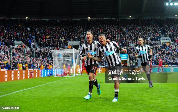 Ayoze Perez of Newcastle United and Kenedy celebrate after Ayoze scores the opening goal during the Premier League Match between Newcastle United and...