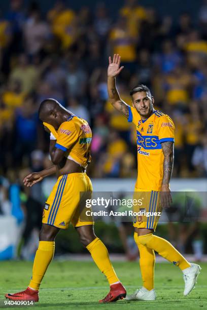 Ismael Sosa of Tigres celebrates after scoring his team's fourth goal during the 13th round match between Tigres UANL and Leon as part of the Torneo...