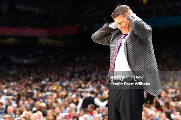 Head coach Porter Moser of the Loyola Ramblers reacts during the first half in the 2018 NCAA Photos via Getty Images Men's Final Four semifinal game...