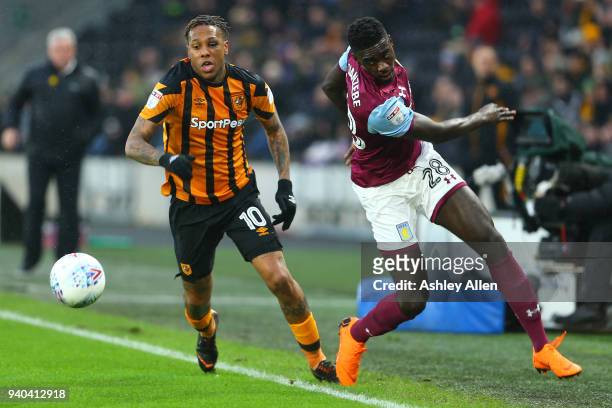 Abel HernÃ¡ndez of Hull City wins the ball from Axel Tuanzebe of Aston Villa during the Sky Bet Championship match between Hull City and Aston Villa...