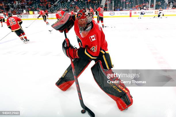 Mike Smith of the Calgary Flames skates before an NHL game against the Edmonton Oilers on March 31, 2018 at the Scotiabank Saddledome in Calgary,...