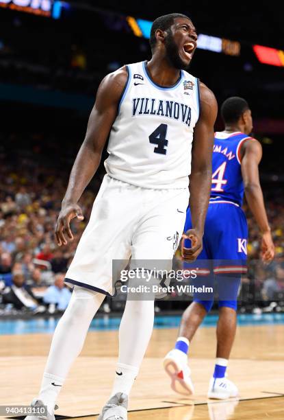 Eric Paschall of the Villanova Wildcats reacts during the first half against Kansas Jayhawks in the 2018 NCAA Photos via Getty Images Men's Final...