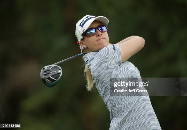 Jodi Ewart Shadoff of England plays her tee shot on the 16th hole during the third round of the ANA Inspiration at Mission Hills Country Club on...