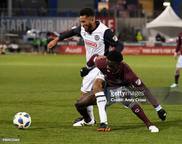 Dominique Badji, #14, Colorado Rapids, right, and Auston Trusty, #26, Philadelphia Union battle for control of the ball in the second half at Dick's...