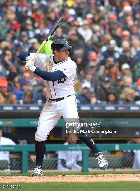 Mikie Mahtook of the Detroit Tigers bats during the Opening Day game against the Pittsburgh Pirates at Comerica Park on March 30, 2018 in Detroit,...