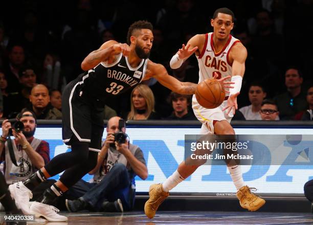 Allen Crabbe of the Brooklyn Nets in action against Jordan Clarkson of the Cleveland Cavaliers at Barclays Center on March 25, 2018 in the Brooklyn...