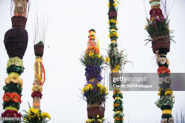 Easter palms are seen in the Easter market at the main square in Krakow. Thousands of local gather in the main square of Krakow with their Easter...