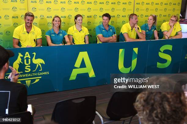 Members of Australia's swim team speak during a press conference, ahead of the 2018 Gold Coast Commonwealth Games, on the Gold Coast on April 1,...