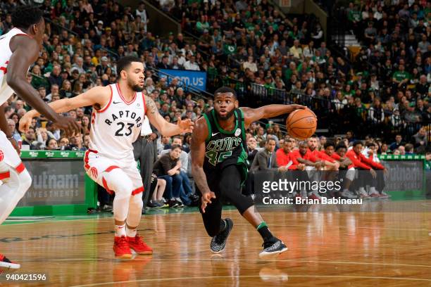 Kadeem Allen of the Boston Celtics handles the ball against the Toronto Raptors on March 31, 2018 at the TD Garden in Boston, Massachusetts. NOTE TO...
