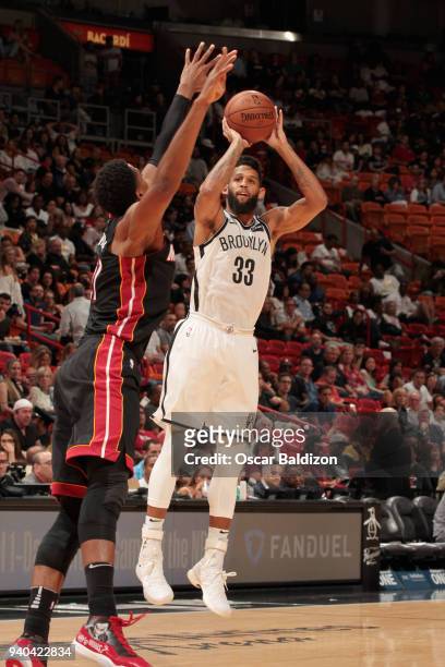 Allen Crabbe of the Brooklyn Nets shoots the ball against the Miami Heat on March 31, 2018 at American Airlines Arena in Miami, Florida. NOTE TO...