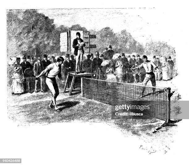 antique illustrations of england, scotland and ireland: tennis - vintage tennis player stock illustrations