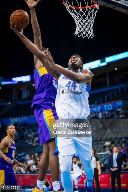 Dakari Johnson of the Oklahoma City Blue shoots the ball against the South Bay Lakers during Round One of the NBA G-League playoffs on March 31, 2018...