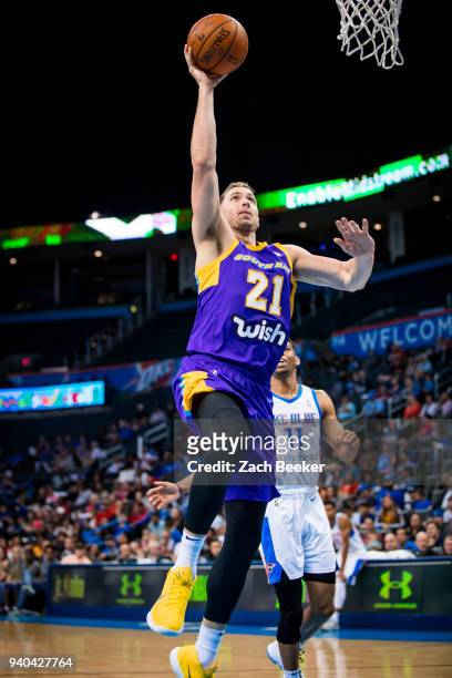 Travis Wear of the South Bay Lakers goes to the basket against the Oklahoma City Blue during Round One of the NBA G-League playoffs on March 31, 2018...