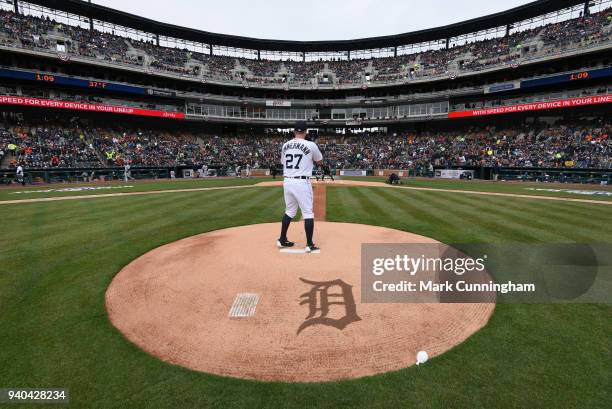 Jordan Zimmermann of the Detroit Tigers throws a warm-up pitch at the start of the Opening Day game against the Pittsburgh Pirates at Comerica Park...