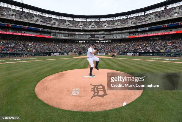 Jordan Zimmermann of the Detroit Tigers throws a warm-up pitch at the start of the Opening Day game against the Pittsburgh Pirates at Comerica Park...