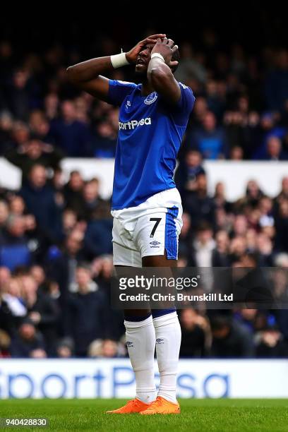 Yannick Bolasie of Everton reacts during the Premier League match between Everton and Manchester City at Goodison Park on March 31, 2018 in...