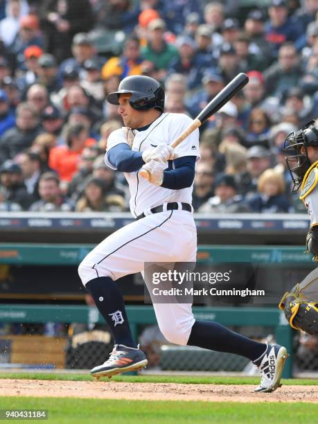 Mikie Mahtook of the Detroit Tigers bats during the Opening Day game against the Pittsburgh Pirates at Comerica Park on March 30, 2018 in Detroit,...