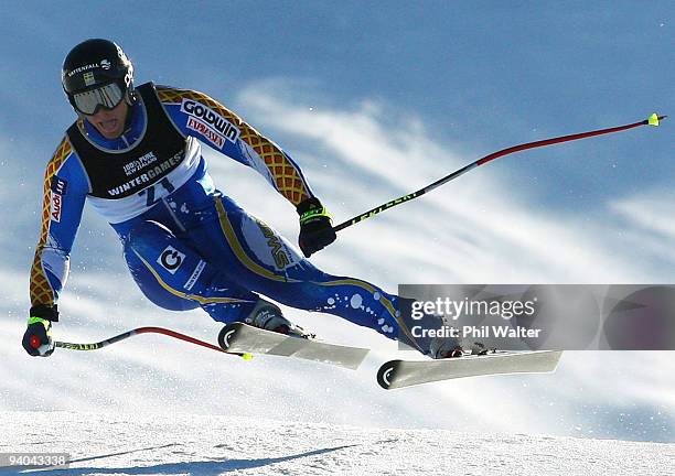 Hans Olsson of Sweden competes in the Mens Super G Alpine Skiing during day five of the Winter Games NZ at Coronet Peak on August 26, 2009 in...