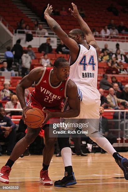 Joey Dorsey of the Rio Grande Valley Vipers drives past DeVon Hardin of the Tulsa 66ers as the Rio Grande Valley Vipers play the Tulsa 66ers in NBA...