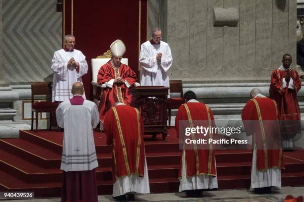 Pope Francis attends the Celebration of the Lord's Passion on Good Friday in St. Peter's Basilica. Christians around the world are marking the Holy...