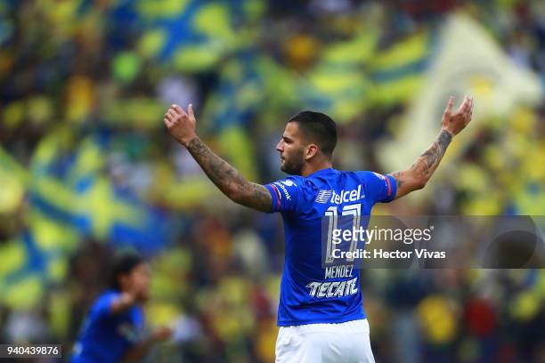 Edgar Mendez of Cruz Azul reacts during the 13th round match between America and Cruz Azul as part of the Torneo Clausura 2018 Liga MX at Azteca...