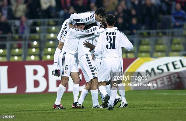 Real Madrid celebrate Geremi opening goal of the match during the UEFA Champions League quarter-final first leg match between Bayern Munich and Real...