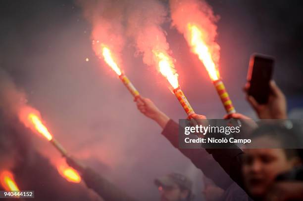 Atalanta supporters light flares during the funeral of Emiliano Mondonico who died at the age of 71 on 29 March 2018 from cancer. Emiliano Mondonico...