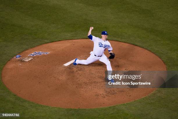 Los Angeles Dodgers relief pitcher Ross Stripling pitches during the game between the San Francisco Giants and the Los Angeles Dodgers on March 31 at...