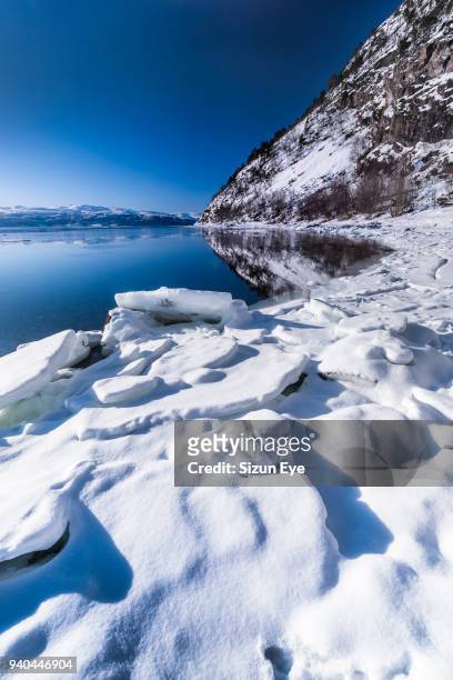 winter scenery on the shore of altafjord in lapland, norway. - alta stock-fotos und bilder