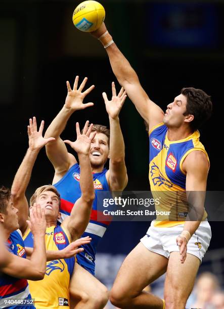 Tom Barrass of the Eagles and Marcus Bontempelli of the Bulldogs compete for the ball during the round two AFL match between the Western Bulldogs and...