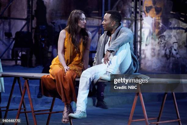 Rehearsal -- Pictured: Sara Bareilles as Mary, John Legend as Jesus --