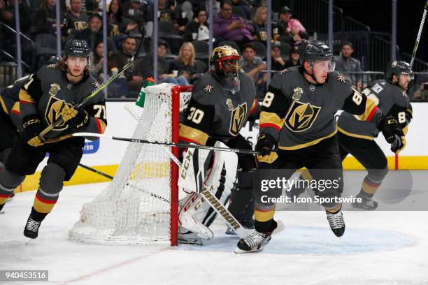 Vegas Golden Knights center William Karlsson , goalie Malcolm Subban , defenceman Nate Schmidt , and right wing Alex Tuch in action during the game...