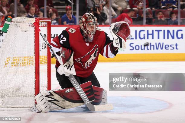 Goaltender Antti Raanta of the Arizona Coyotes makes a glvoe save on the shot from the St. Louis Blues during the second period of the NHL game at...