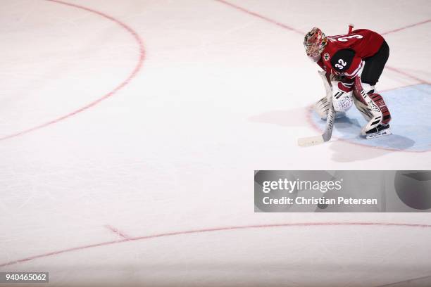Goaltender Antti Raanta of the Arizona Coyotes looks down ice during the second period of the NHL game against the St. Louis Blues at Gila River...