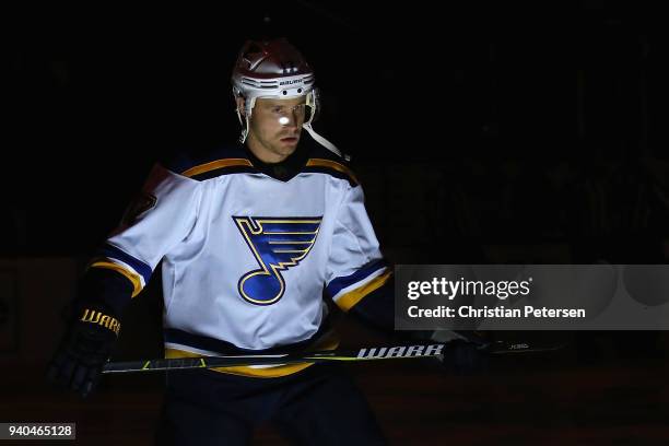 Jaden Schwartz of the St. Louis Blues skates on the ice before the NHL game against the Arizona Coyotes at Gila River Arena on March 31, 2018 in...