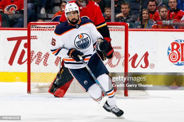 Jujhar Kjaira of the Edmonton Oilers skates against the Calgary Flames during an NHL game on March 31, 2018 at the Scotiabank Saddledome in Calgary,...