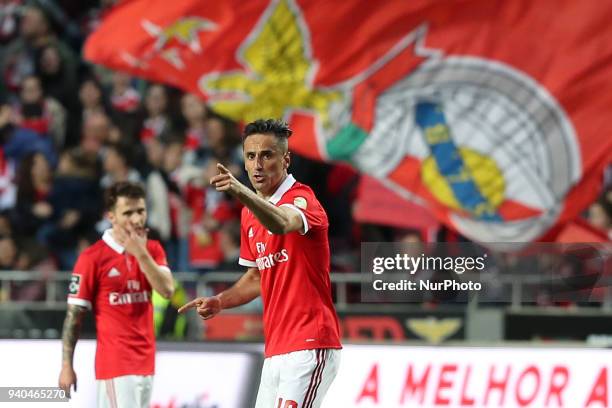 Benfica's Brazilian forward Jonas celebrates after scoring his second goal during the Portuguese League football match SL Benfica vs Vitoria...