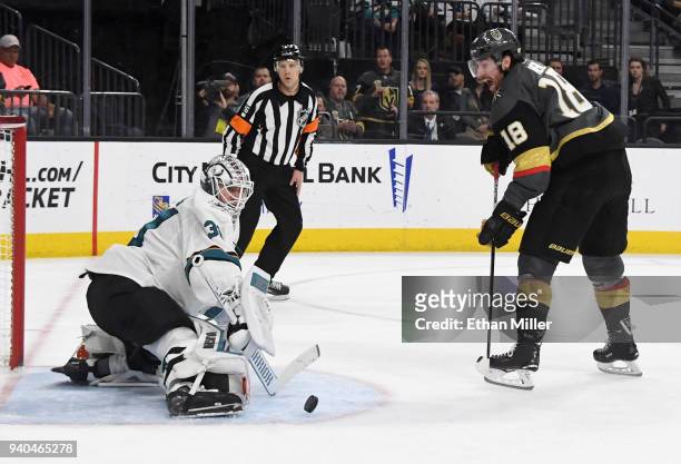 Martin Jones of the San Jose Sharks blocks a shot by James Neal of the Vegas Golden Knights in the second period of their game at T-Mobile Arena on...