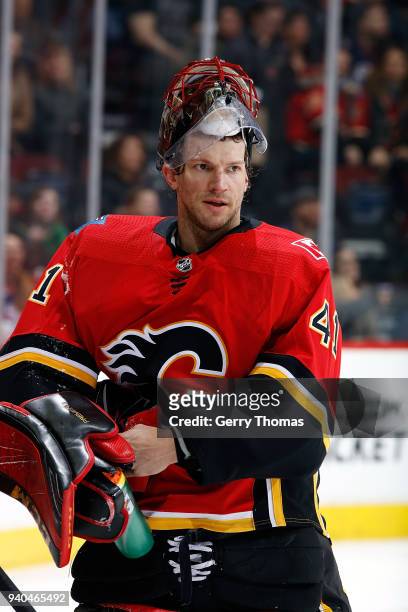 Mike Smith of the Calgary Flames skates against the Edmonton Oilers during an NHL game on March 31, 2018 at the Scotiabank Saddledome in Calgary,...