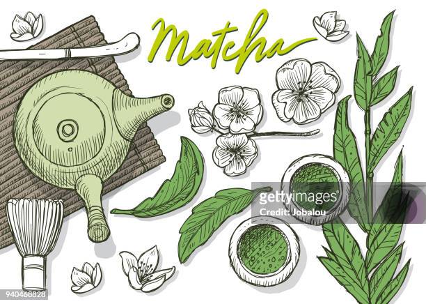 stockillustraties, clipart, cartoons en iconen met groene thee matecha japanse thee doodles - theeblaadjes