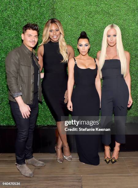 Mario Dedivanovic, Laverne Cox, Kim Kardashian West and Gigi Gorgeous attend KKWxMario Dinner at Jean-Georges Beverly Hills on March 31, 2018 in...